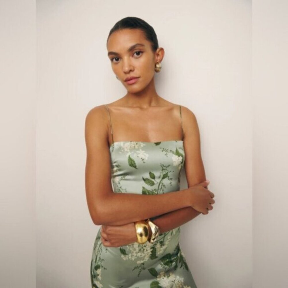 NEW Reformation Frankie Long Silk Dress in Tea Garden Green Floral | size 6 - Picture 5 of 12